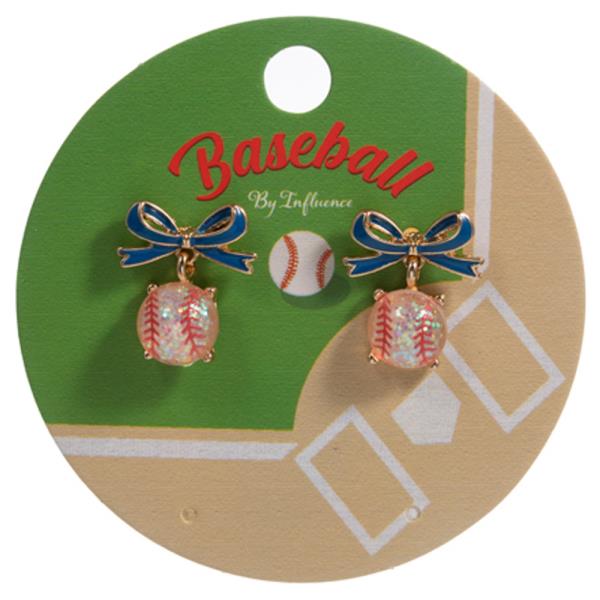 BOW W/ BASEBALL GLITTER STONE HYPOALLERGENIC EARRING