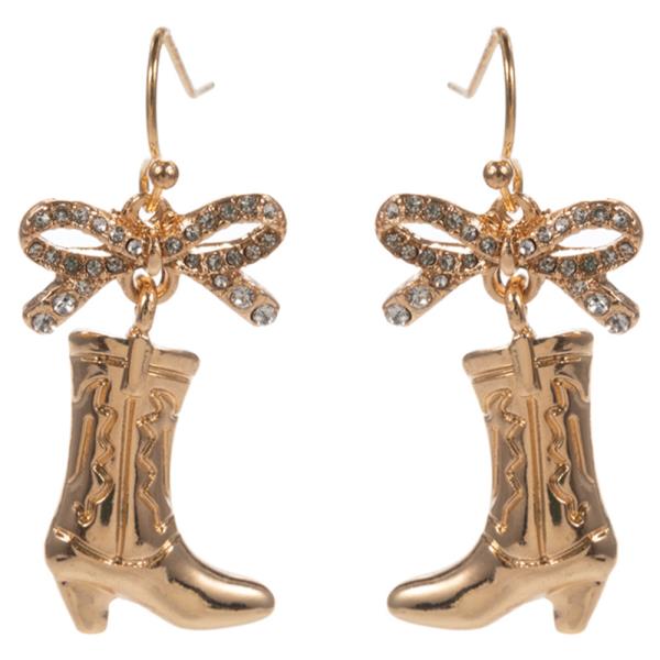 BOOTS SHAPED METAL W/ RINESTONE PAVE BOW  BRASS EARRING