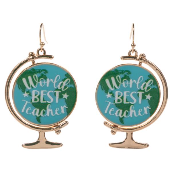 SPINABLE  GLOBE ENAMEL W/ WORLD BEST TEACHER EARRING