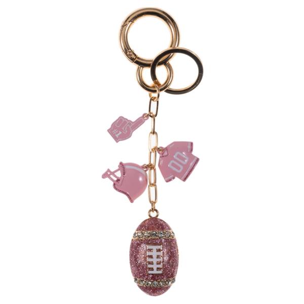 PINK COLORED PUFFED FOOTBALL W/ FOOTBALL THEMED CHARMS KEYCHAIN