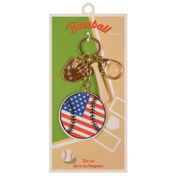 BASEBALL GLOVE SHAPED PATTERN PRINTED LEATHER W/ BAT GLOVE RHINESTONE BAG CHARM