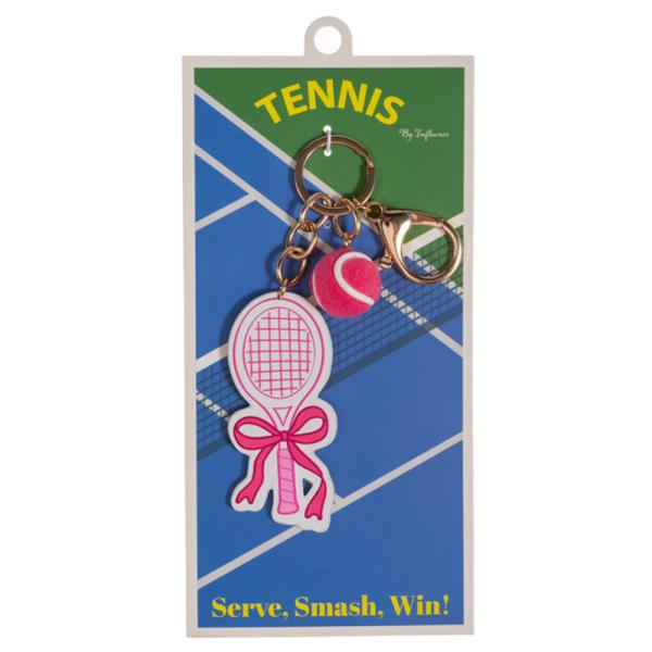 TENNIS RACKET SHAPED PATTERN PRINTED LEATHER W/ TENNIS BALL BAG CHARM