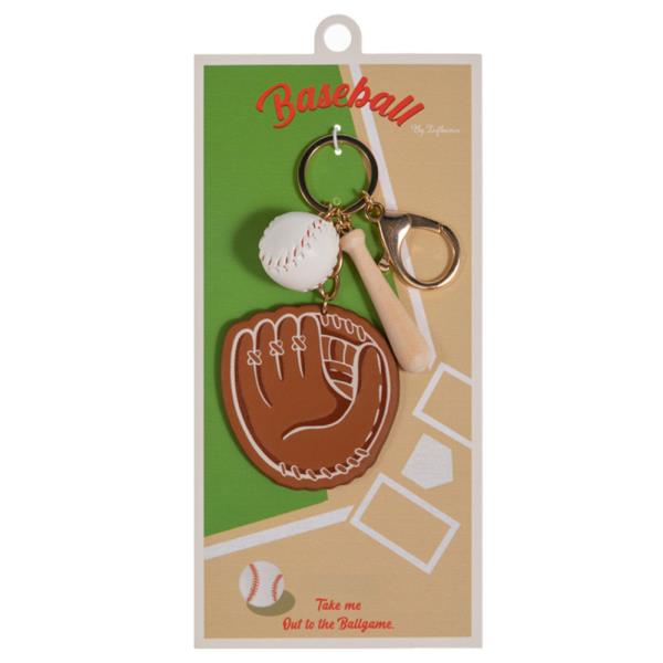 H BASEBALL GLOVE SHAPED PATTERN PRINTED LEATHER W/ BASEBALL AND BAT BAG CHARM