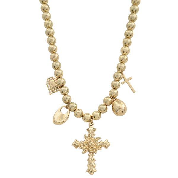 SDJ MULTI CHARM ROSE CROSS BEAD NECKLACE