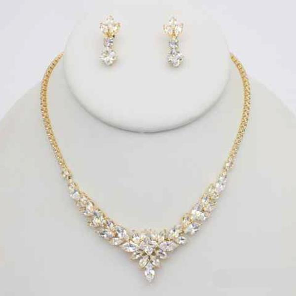 CZ V SHAPE FLOWER NECKLACE EARRING SET