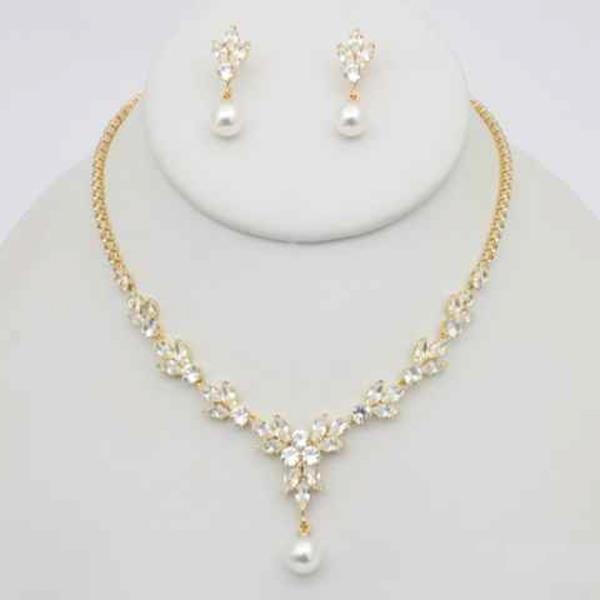 CZ PEARL DROP  NECKLACE EARRING SET