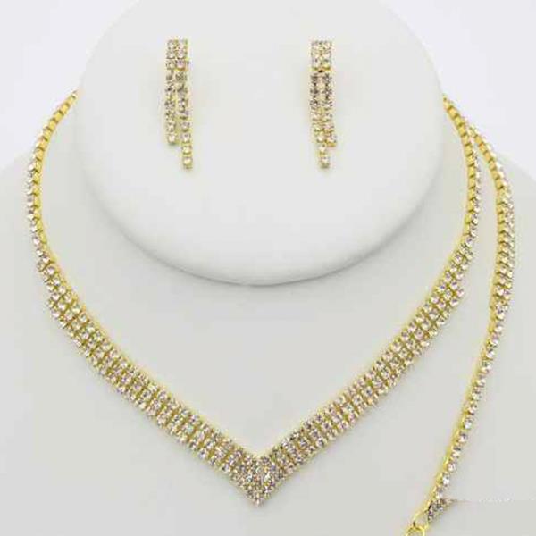 RHINESTONE V SHAPE NECKLACE EARRING BRACELET SET
