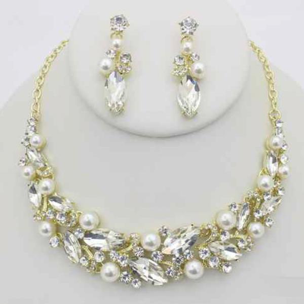 CRYSTAL STONE FLORAL STATEMENT NECKLACE EARRING SET