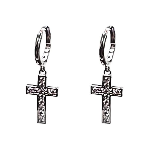 CZ STONE CROSS HOOP EARRING