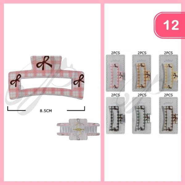 PLAID PATTERN BOW DETAIL HAIR CLAW CLIP (12 UNITS)