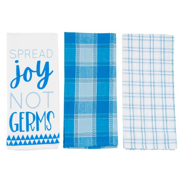 DII SPREAD JOY NOT GERMS THEMED KITCHEN TOWELS 3 PACK ASSORTED