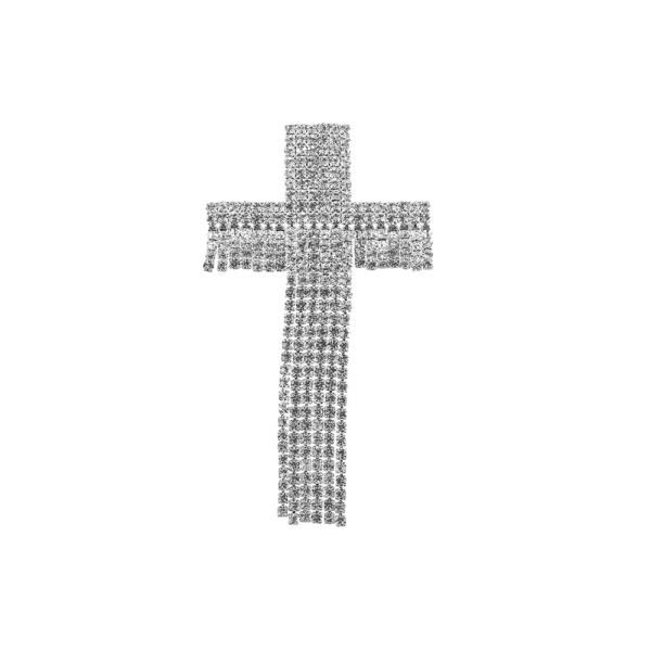 RHINESTONE CROSS FRINGE BROOCH