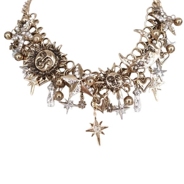 RHINESTONE SUN MOON STAR MULTI CHARM STATEMENT NECKLACE