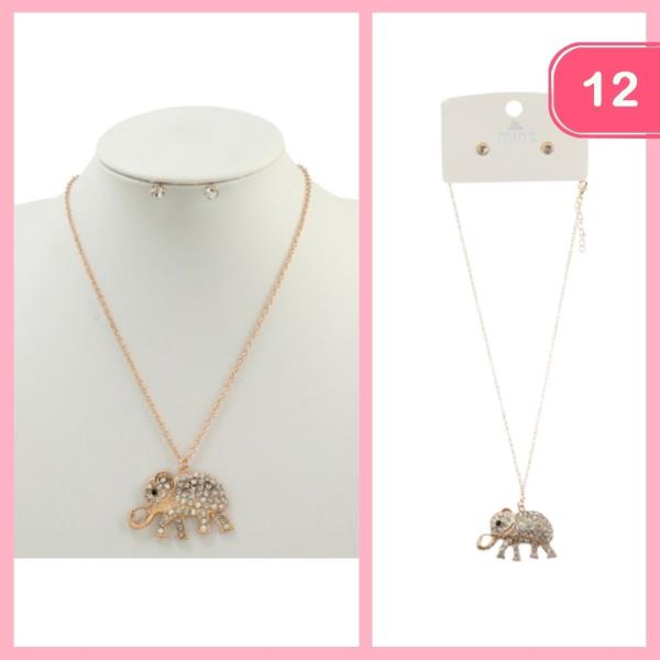 RHINESTONE ELEPHANT PENDANT NECKLACE EARRING SET  (12 UNITS)