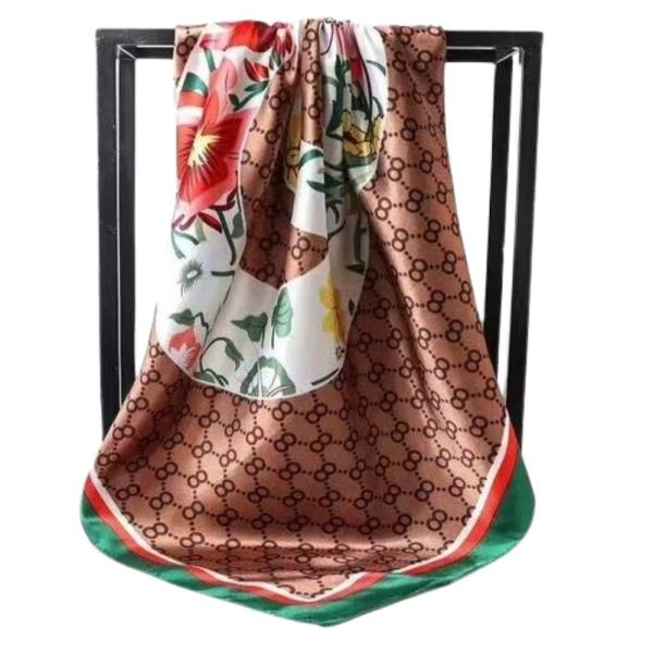 FLORAL MONOGRAM PRINT SILKY SQUARE BANDANA NECK SCARF