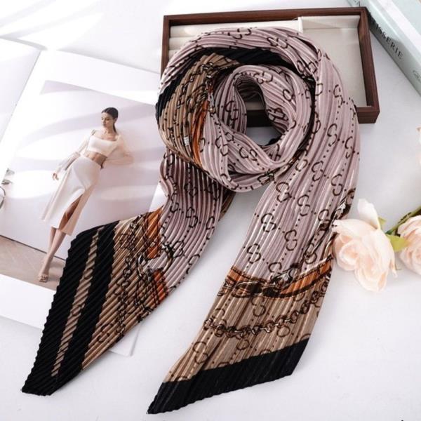 MONOGRAM PRINT PLEATED SATIN SILKY SQUARE BANDANA NECK SCARF