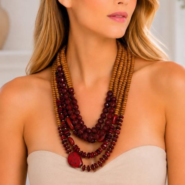 WOOD STONE BEAD MULTI STRAND LAYERED NECKLACE