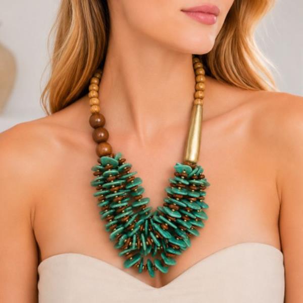 WOOD BEAD SPIKE STATEMENT NECKLACE