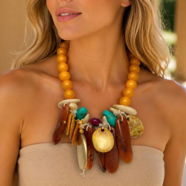 MULTI STONE BEAD DISC STATEMENT NECKLACE