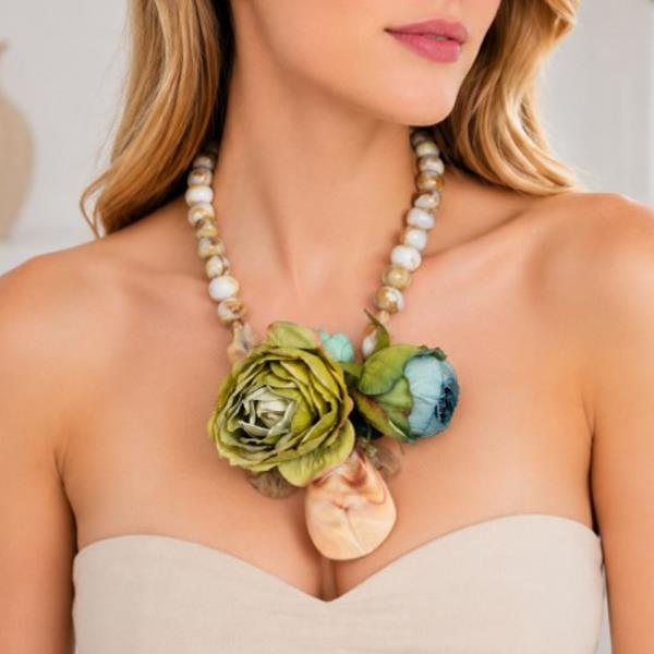 FABRIC FLOWER SHELL BEAD STATEMENT NECKLACE