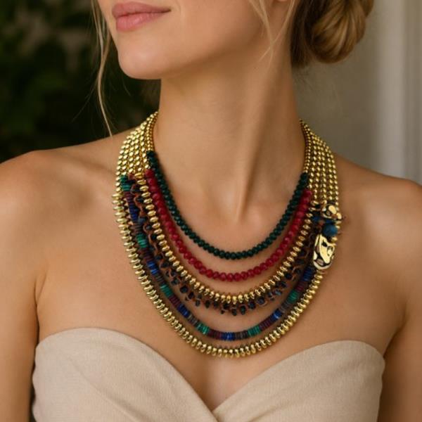 METAL BEAD MULTI STRAND LAYERED NECKLACE