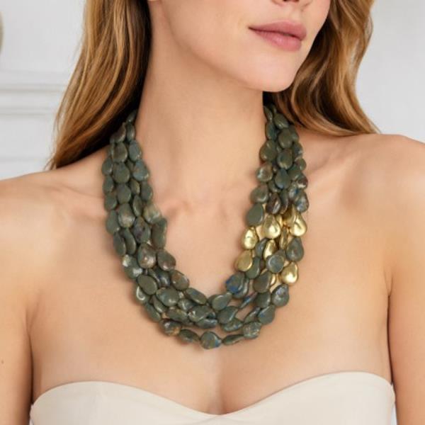 METAL MULTI STONE BEAD MULTI STRAND LAYERED NECKLACE