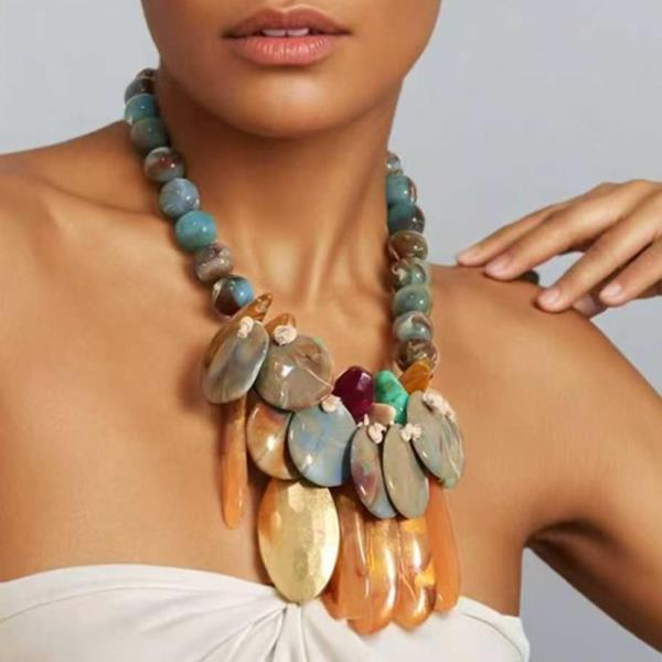 MULTI STONE BEAD DISC FRINGE STATEMENT NECKLACE