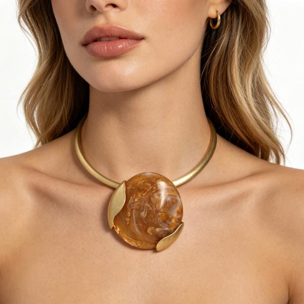 RESIN MARBLE ROUND PENDANT COLLAR WIRE METAL NECKLACE