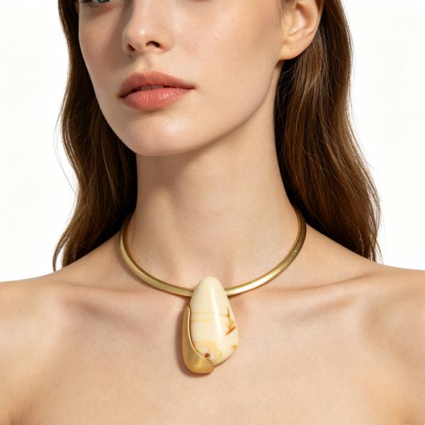 RESIN MARBLE ROUND PENDANT COLLAR WIRE METAL NECKLACE
