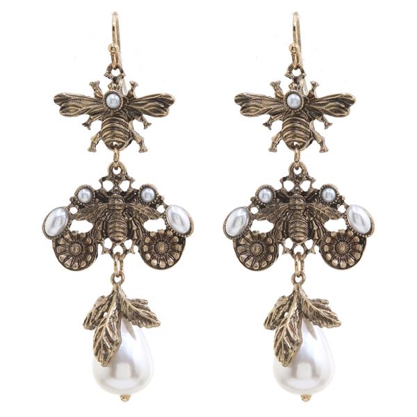 PEARL RHINESTONE BEE LEAF DROP EARRING