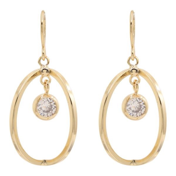 14K GOLD DIPPED OPEN OVAL HOOP EARRING W DANGLING CRYSTAL