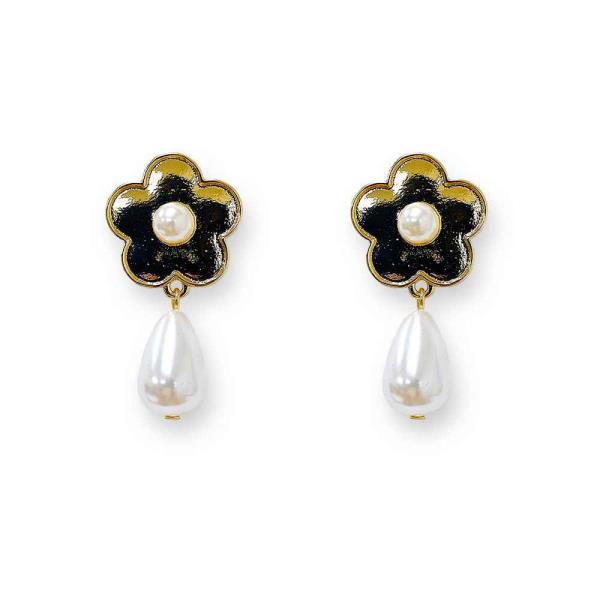 METAL PEARL FLOWER DANGLE EARRING