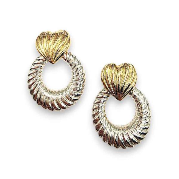 TWO-TONE RIBBED HEART STUD ROUND HOOP DROP EARRING