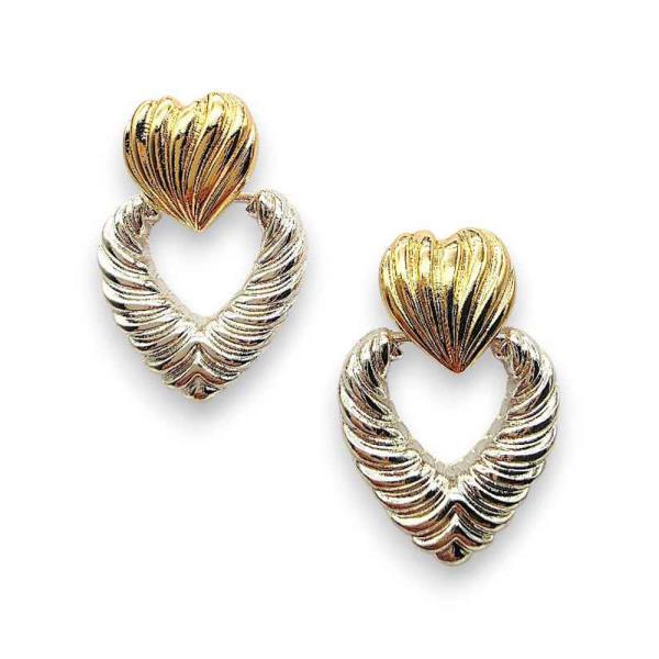 TWO-TONE RIBBED HEART STUD OPEN HEART DROP EARRING