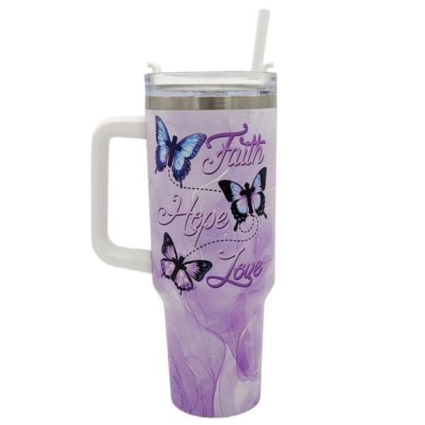 40OZ BUTTERFLY AFFIRMATION TUMBLER WITH HANDLE & STRAW (PURPLE GRADIENT INSPIRATIONAL DESIGN)