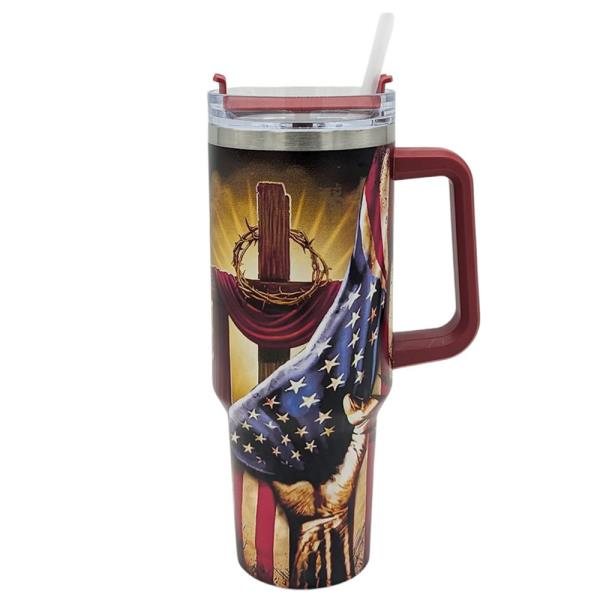 40OZ FAITH CROSS AMERICAN FLAG TUMBLER WITH HANDLE & STRAW (PATRIOTIC CHRISTIAN DESIGN)