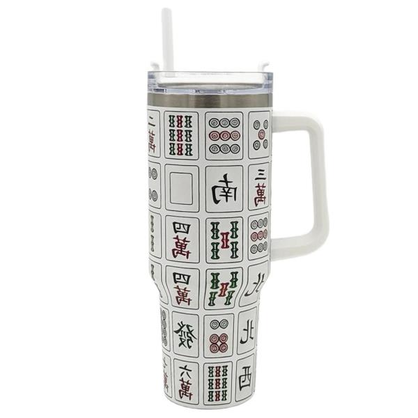 40OZ MAHJONG TILE TUMBLER WITH HANDLE & STRAW