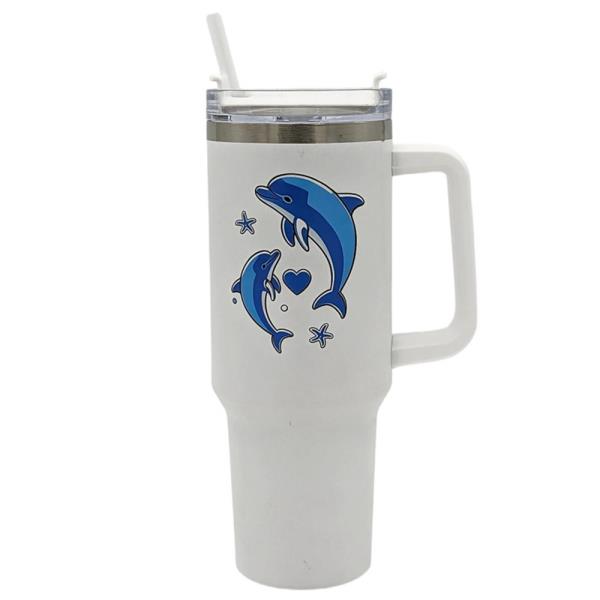 40OZ DOLPHIN LOVE TUMBLER WITH HANDLE & STRAW (OCEAN THEME HEART DESIGN)