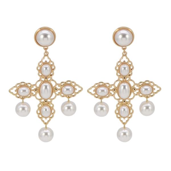 PEARL RHINESTONE CROSS DROP EARRING