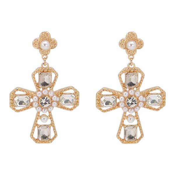 RHINESTONE PEARL CROSS DROP EARRING
