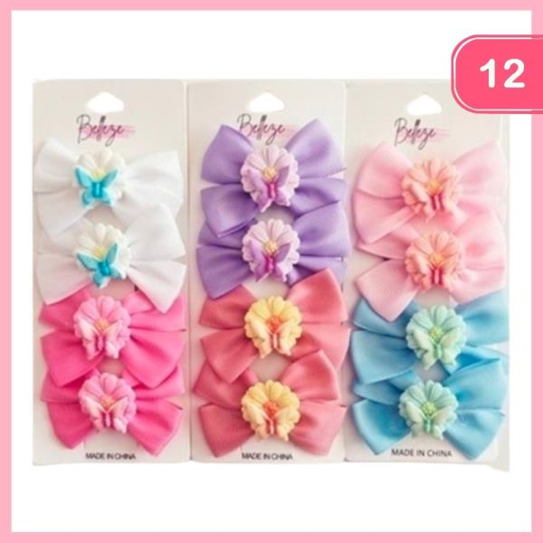 FLOWER BUTTERFLY CHARM RIBBON HAIR BOW (12 UNITS)