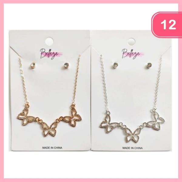 METAL BUTTERFLY PENDANT NECKLACE EARRING SET (12 UNITS)