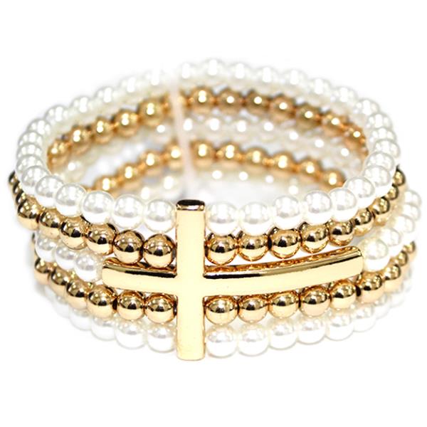 PEARL BEADED CROSS STRETCH BRACELET SET