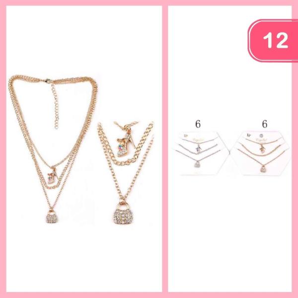 RHINESTONE LOCK / HEEL PENDANT LAYERED NECKLACE (12 UNITS)