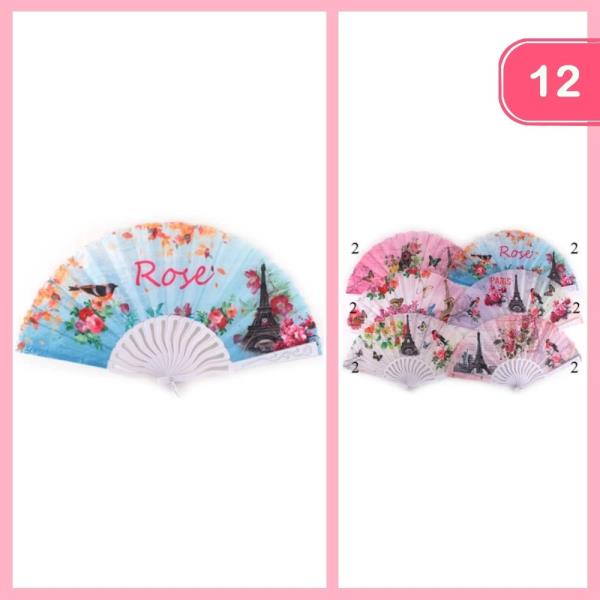 FLOWER PATTERN PARIS TOWER PRINT HAND FAN (12 UNITS)