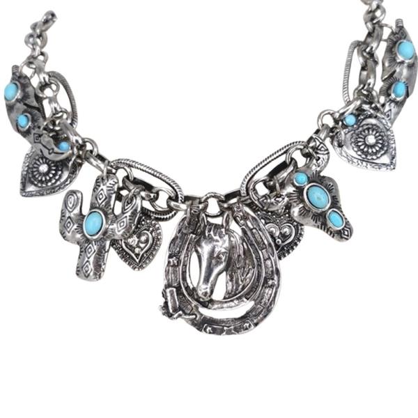 METAL WESTERN MULTI CHARM STATEMENT NECKLACE