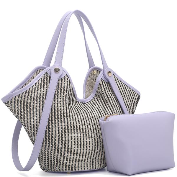 2IN1 WOVEN TEXTURE STRIPE DESIGN HANDLE TOTE BAG W ZIPPER POUCH SET