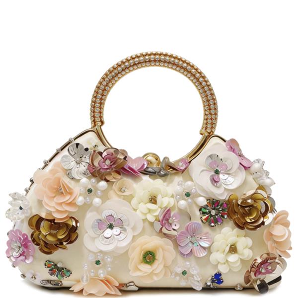 FLORAL EMBELLISHED DESIGN TOP HANDLE EVENING CLUTCH BAG