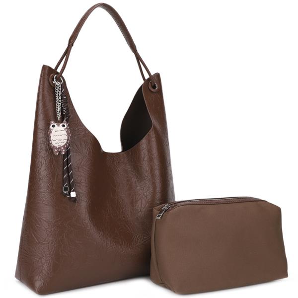 2IN1 PLAIN TEXTURED SHOULDER HOBO BAG W POUCH AND KEYCHAIN