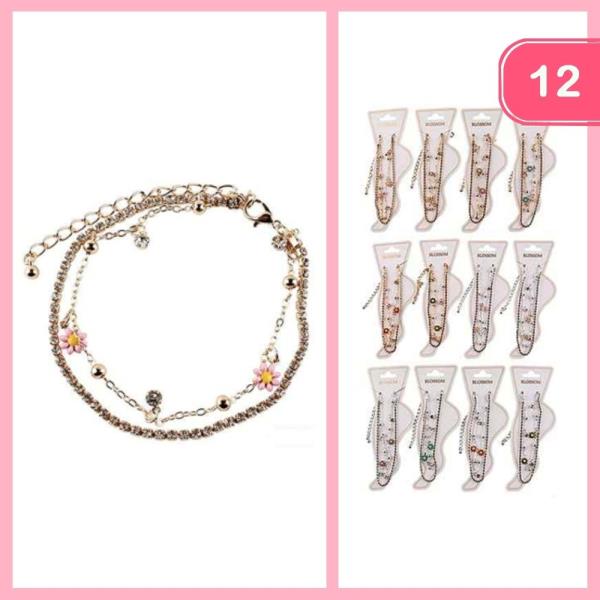 LAYERED RHINESTONE FLOWER CHARM CHAIN ANKLET (12 UNITS)